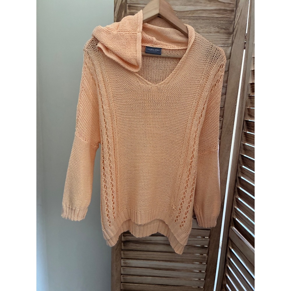 Wooden Ships Paola Buendia Peach Hooded Knit Sweater V-Neck Pointelle XS/S